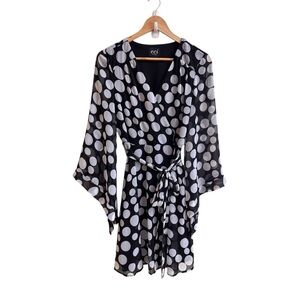 Eci Black White Polka Dot Faux Wrap Kimono Sleeve Knee Length Womens Sz 4 V Neck